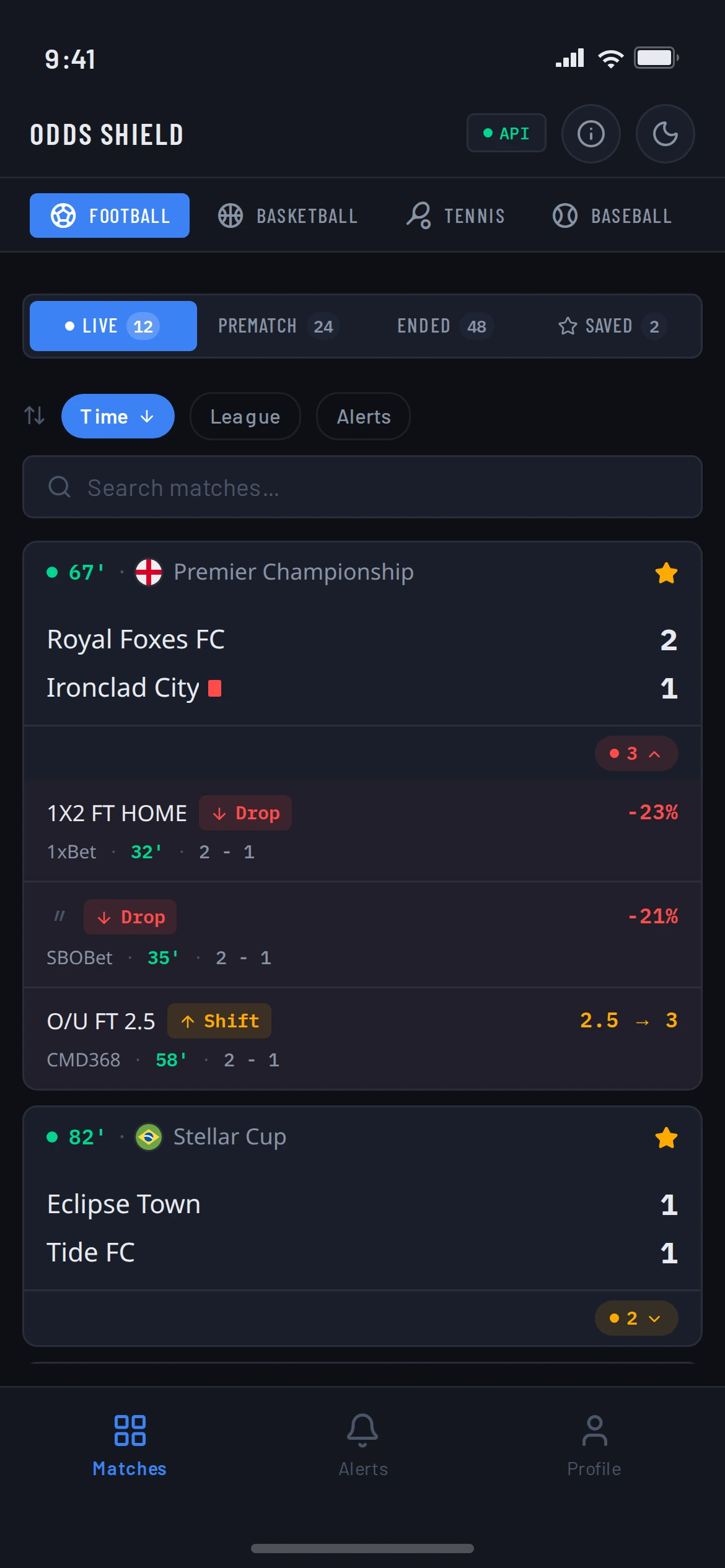 Odds Shield mobile matches list